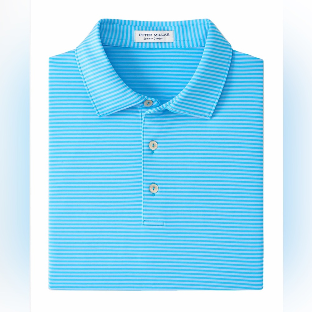 Peter Millar Caribbean Blue Hales Performance Jersey Polo MF23EK03S Striped Golf
